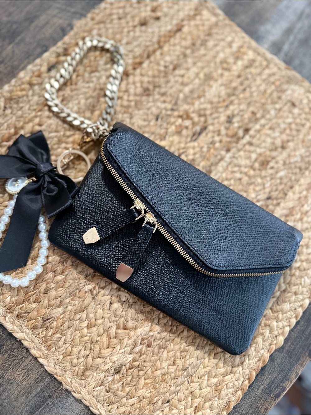 henri bendel Black Leather Clutch with Gold Chain and Bow Charm